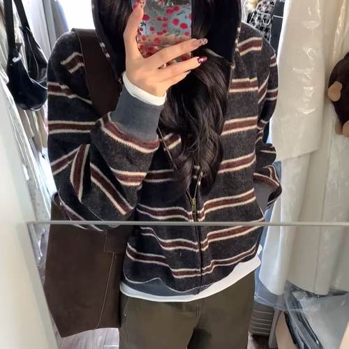 oversize！复古条纹连帽毛衣开衫