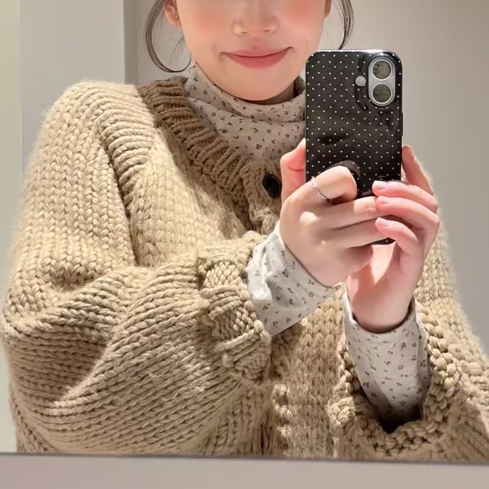 手工编织！慵懒风粗针毛衣开衫