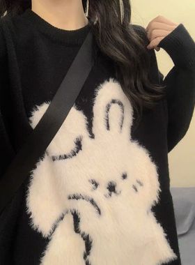 超可爱！慵懒风黑色兔子套头毛衣女秋装新款宽松长袖针织衫上衣潮