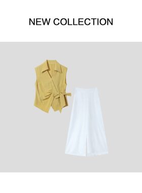 袖绑带设计上衣+直筒裤套装 D352522B-2522