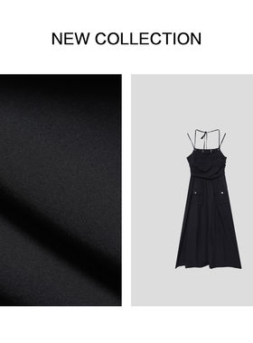 L5F26008经典黑色挂脖细肩带收腰长裙