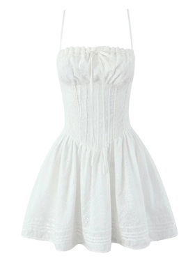 纯欲白色刺绣穿绳蝴蝶结系带吊带裙连衣裙收腰修身辣妹短裙蓬蓬裙