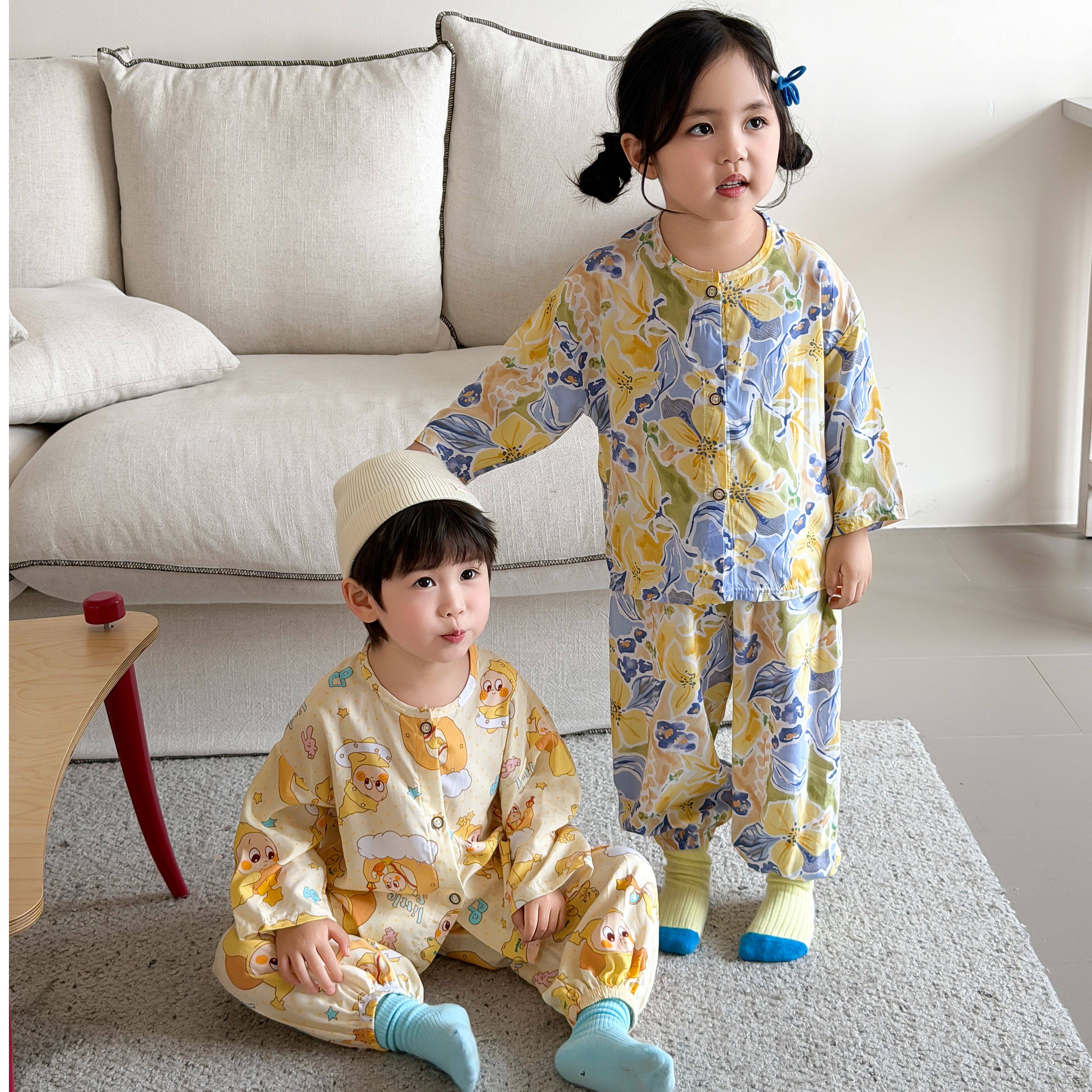 儿童棉绸夏季睡衣男童女童小孩薄款绵绸空调服中童大孩家居服套装