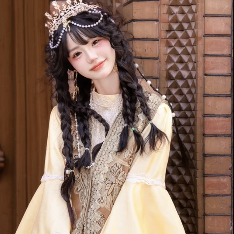 鹅黄色显嫩网红少女新疆喀什民族服装西域异域风旅拍表演服长款裙