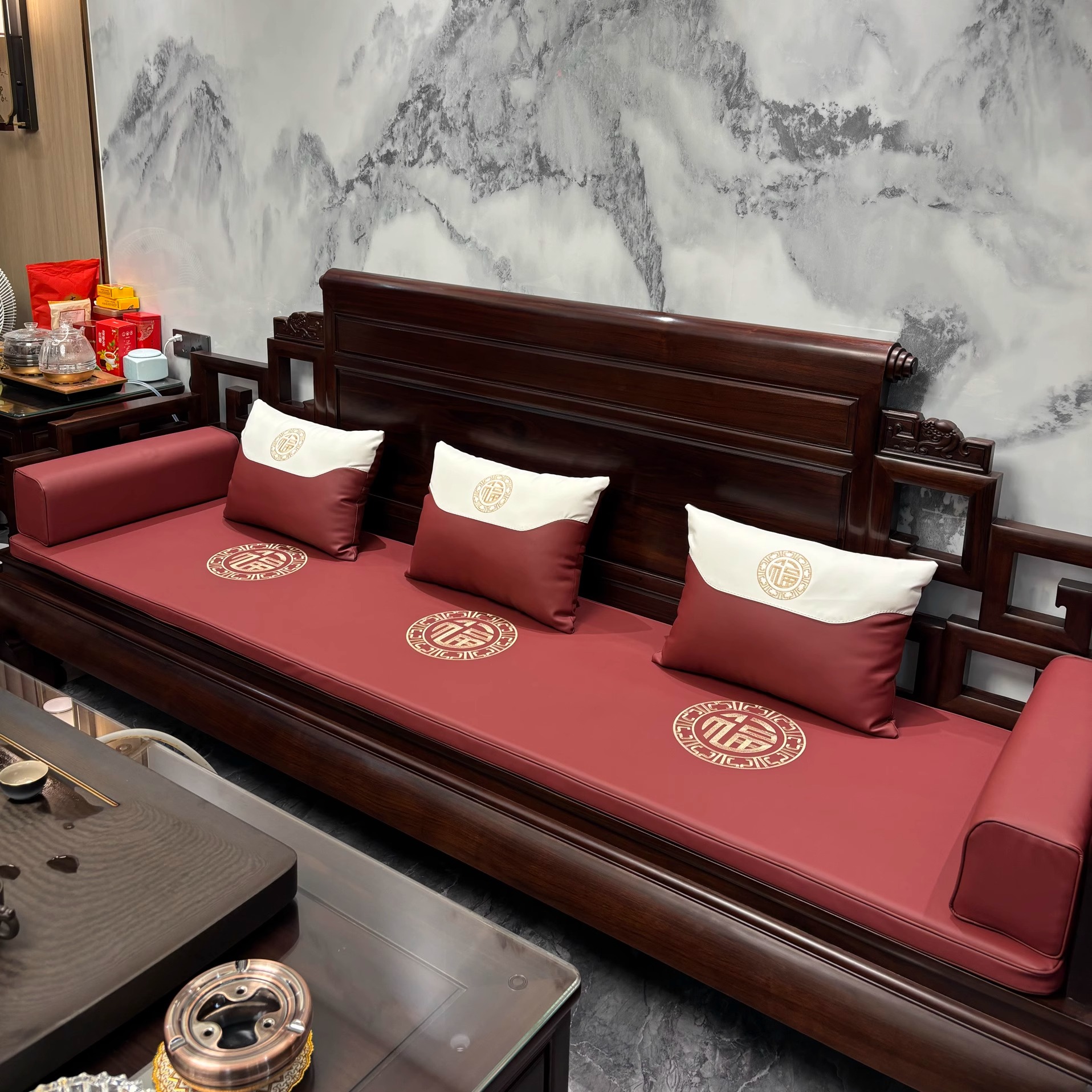 高端定制红木沙发皮坐垫新中式真牛皮实木椅垫茶防滑两面可用防水