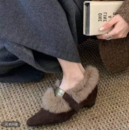 羊皮版~复古毛毛鞋女真皮一脚蹬舒适外穿浅口单鞋时尚百搭棉鞋子