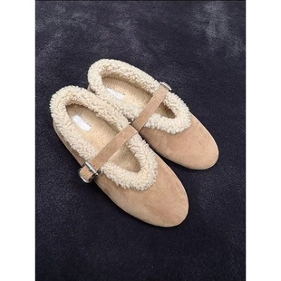 保暖小圆头一字扣带低跟毛毛百搭玛丽珍鞋子女冬2025新款加绒时尚