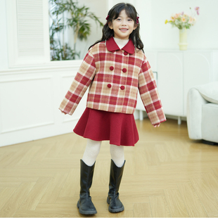 童装双面呢羊毛大衣新年套装红色喜庆女宝宝过年衣服两件套超洋气