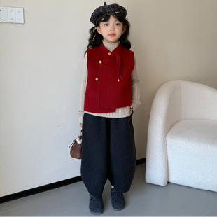 童装双面羊毛手工马甲两面穿双面呢背心两件套红色喜庆套装拜年服