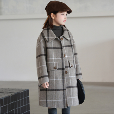 童装女童双面羊绒大衣秋冬装格子中长款男童双面羊毛呢子外套儿童