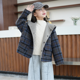童装儿童连帽上衣韩版复古格子羊毛大衣男童女童双面呢外套秋冬装