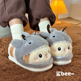 冬季男女情侣款软底防滑保暖毛毛鞋鲨鱼蜜蜂鲨bee包跟棉拖鞋