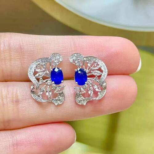 18K金女镶白蓝宝南非高品质钻石1克拉天然皇家蓝蓝宝石耳钉送证书