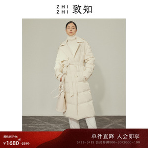 致知ZHIZHI 风衣羽绒服女冬季中长款设计感高级时尚收腰黑色鹅绒