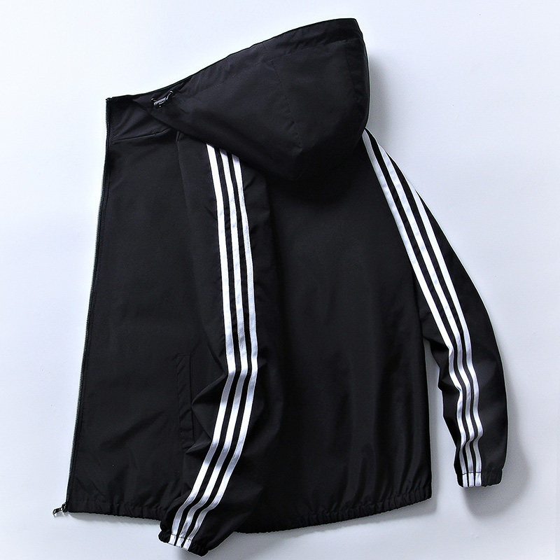 运动夹克男生三条杠白条连帽休闲上衣服韩版休闲青少年外衣茄克衫