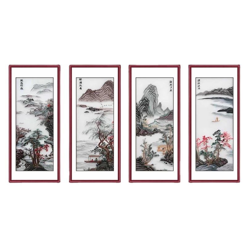 刺绣机绣透明丝娟客厅四联条屏新中式苏绣成品挂画