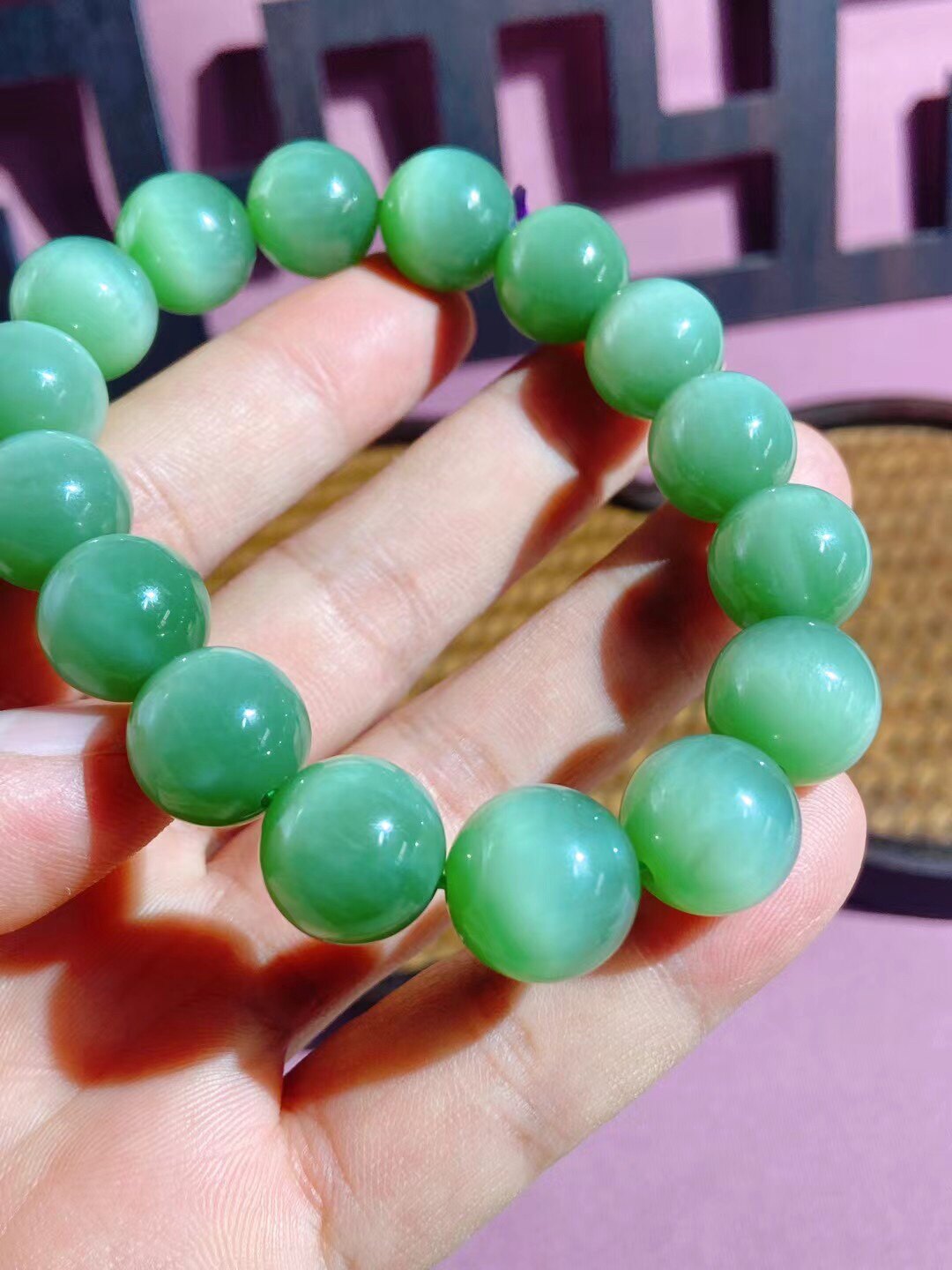 高档纯天然俄料和田玉粉青碧玉猫眼手串手链13mm女款带证书