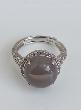 和田玉青海料烟紫戒指925银镶个性设计藕荷玉开口戒送妈妈礼物