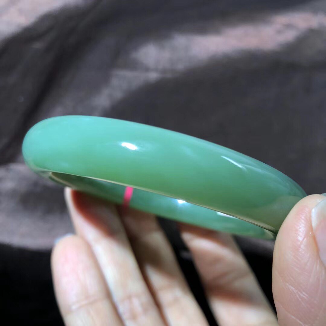 纯天然俄料和田玉碧玉粉青色猫眼手镯 玉镯粉青镯子54圈口带证书