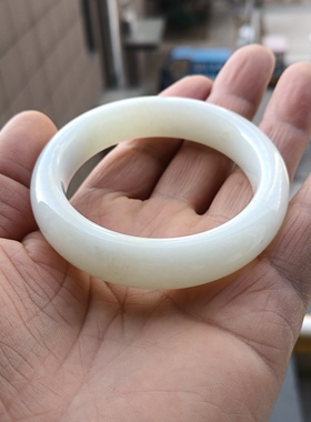 纯天然俄料羊脂玉白玉手镯温润细腻真玉石54mm手工原创女款带证书