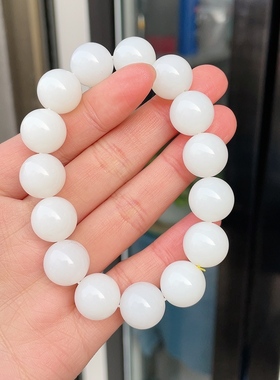 珠圆玉润羊脂手串和田玉山料白玉圆珠手串脂粉浑厚油性十足14mm
