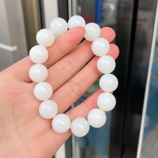 珠圆玉润羊脂手串和田玉山料白玉圆珠手串脂粉浑厚油性十足14mm