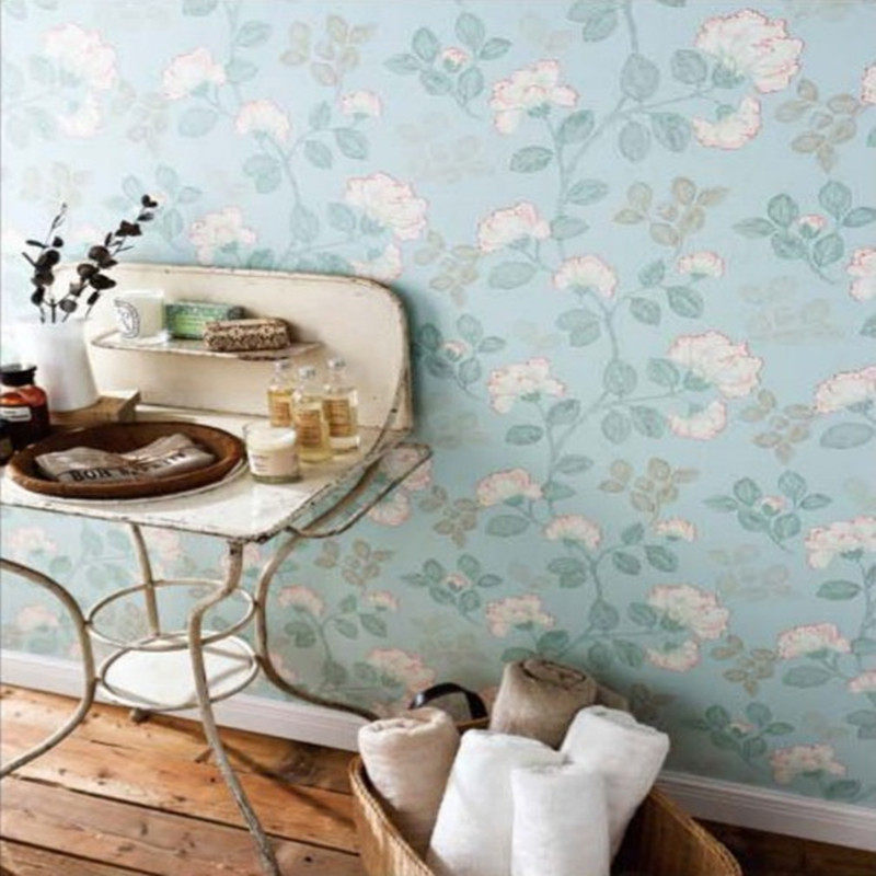 日本进口墙纸主卧墙纸蓝底白色牡丹花墙纸美式墙纸背景床头背景墙