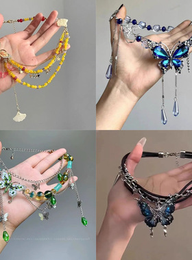 夏日新款蝴蝶流苏串珠项链女小众个性设计感重工辣妹甜酷风锁骨链
