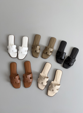 重磅福利来啦！莞产鼎级！新楦头 女士小牛皮H拖鞋百搭一字拖凉鞋