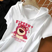 t恤女宽松设计感小众韩系甜美上衣 白色连帽卫衣短袖 2024新款 夏季