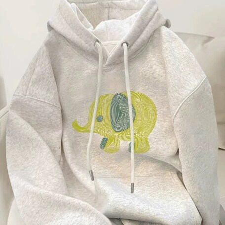 小象白灰连帽加绒加厚卫衣女