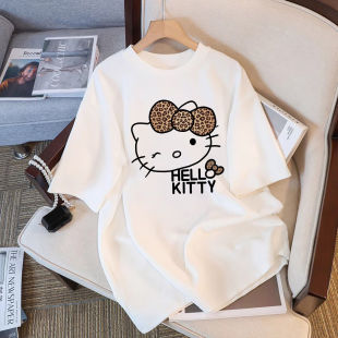 HelloKitty卡通印花200斤短袖 T恤女白色纯棉宽松韩系潮流上衣胖MM
