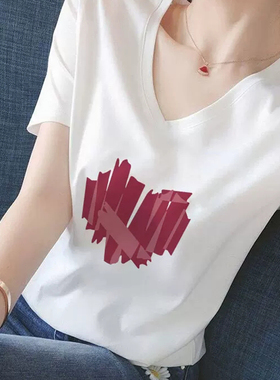 夏季短款女装短袖v领白色正肩t恤女宽松显瘦上衣内搭体恤打底衫