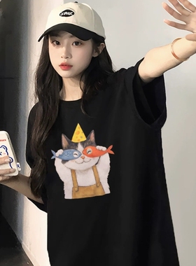 卡通猫咪2026夏季新款黑色短袖T恤女纯棉圆领宽松百搭上衣体恤潮