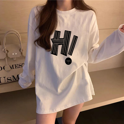 白色长袖t恤女纯棉宽松内搭上衣