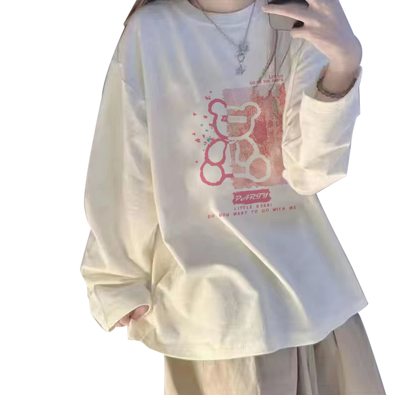 长袖白色t恤女2024秋季新款学生韩版宽松卡通圆领内搭打底衫ins潮