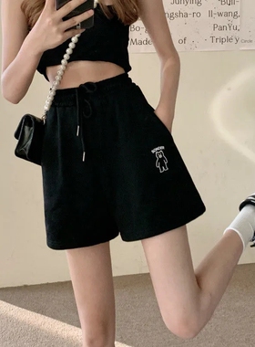 黑色休闲运动短裤子女学生韩版宽松2024新款高腰显瘦五分阔腿裤夏