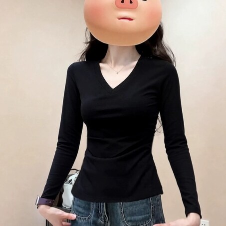 韩系黑色V领长袖修身显瘦T恤女