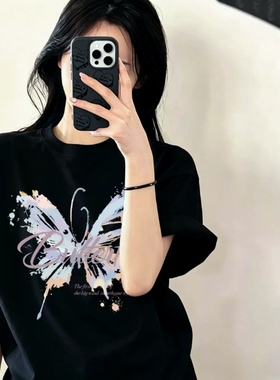 蝴蝶印花短袖t恤女2026新款夏季黑色亲肤上衣纯棉宽松半袖体恤衫