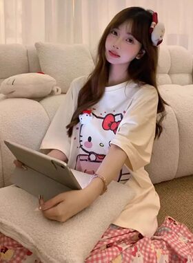 HelloKitty卡通印花白色圆领短袖T恤女2026年夏季慵懒风宽松上衣