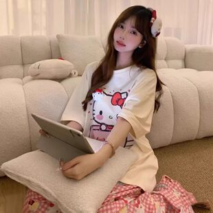 HelloKitty卡通印花白色圆领短袖T恤女2026年夏季慵懒风宽松上衣