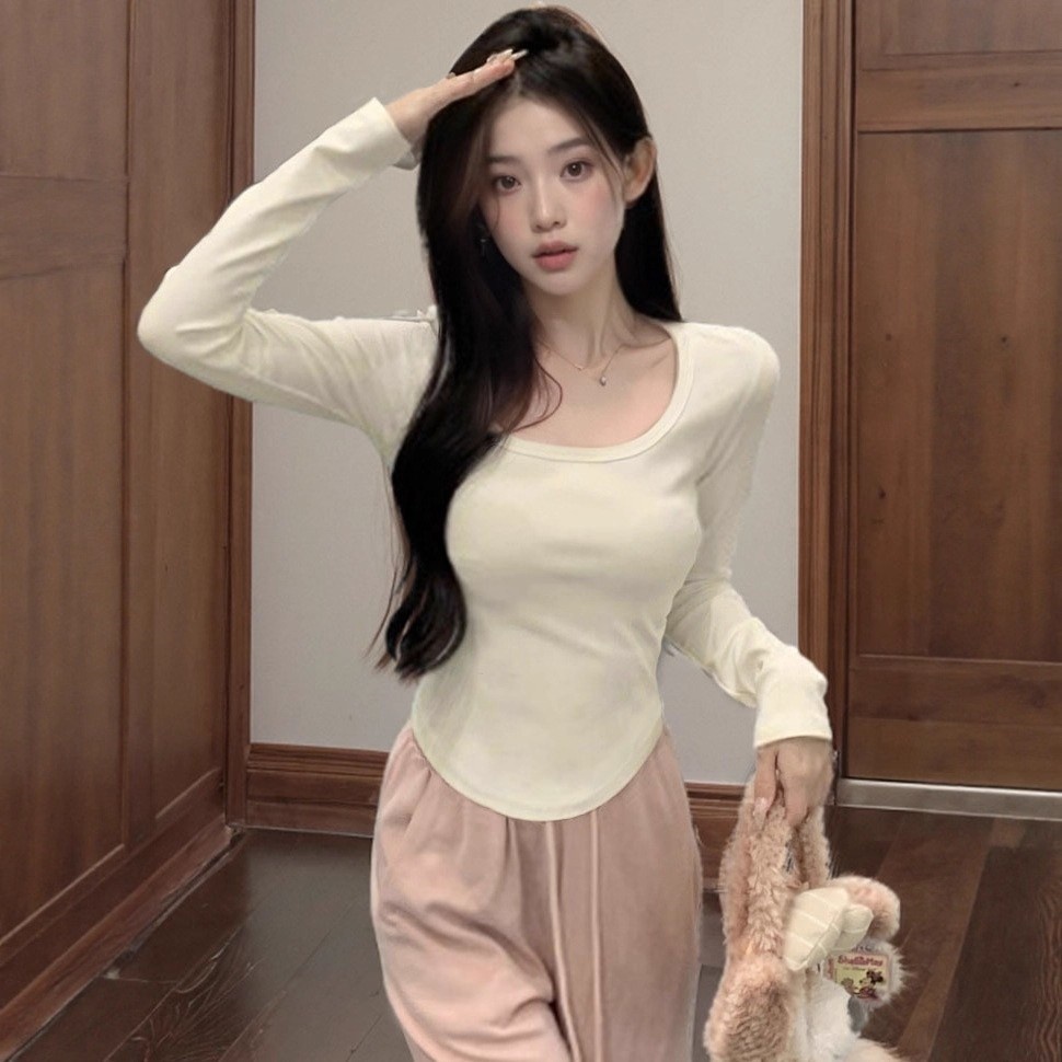 辣妹短款方领长袖t恤女2025新款