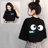 棉质2026新款 T恤女宽松趣味眼睛印花设计感上衣ins 卡通风黑色短袖