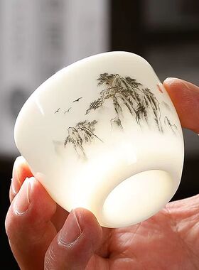 羊脂玉中式山水画陶瓷茶杯白色品茗杯功夫茶具茶艺一口杯logo定制