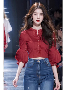 衣服2024新款夏季气质小衫红色圆领灯笼袖短款衬衫中式女装中国风