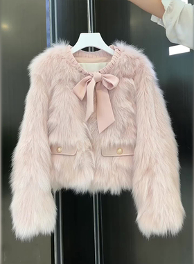 【春春Spring】冬季粉色女短款蝴蝶结流苏边设计感减龄外套33060#