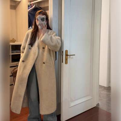 【小四粉丝专享】皮毛一体外套女过膝长款宽松显瘦V领环保33007#