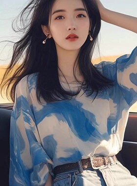 独特漂亮蓝色印花T恤女夏设计感小众洋气减龄法式复古短袖60055#