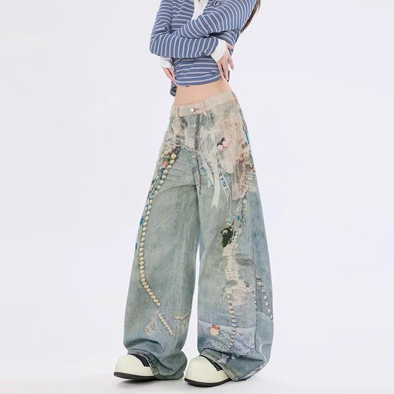 废土印花牛仔裤泼墨链条做旧痞帅