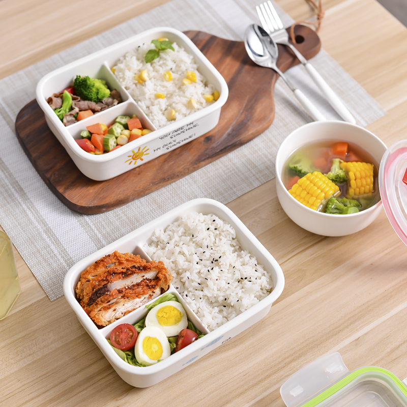 陶瓷三格带饭饭盒带盖保鲜密封微波炉加热专用四面扣打包便当盒